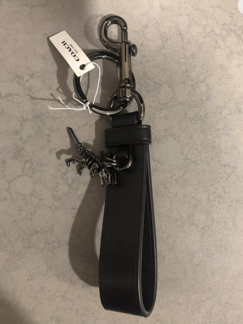Coach Black Leather Loop Keychain with Gunmetal Dino Charm